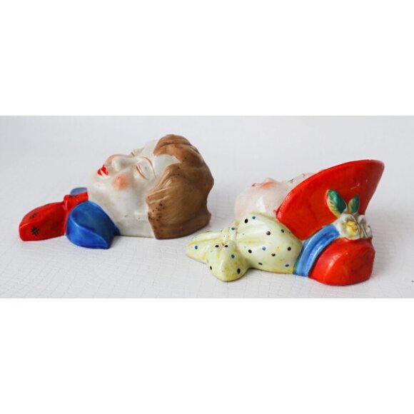 Vintage Ceramic Wall Pocket Planters Boy & Girl Faces Hand-Painted Made In Japan - Picture 4 of 7